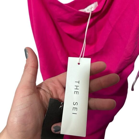 The Sei Magenta Ruched Lined Twist Cowl Neck Open Back Mini Dress Pink Sz 2 NWT - Picture 4 of 10